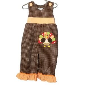 Stelly Belly Turkey Applique Overall Brown/Orange Microdot Ruffled Leg 12 mo